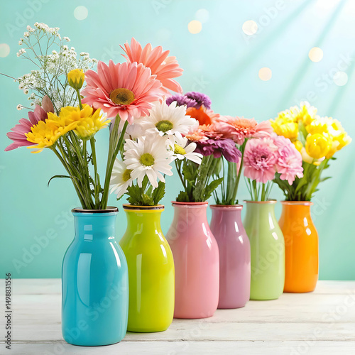 colorful vases filled with fresh flowers arranged