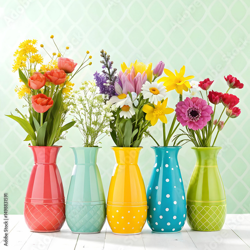 colorful vases filled with fresh flowers arranged