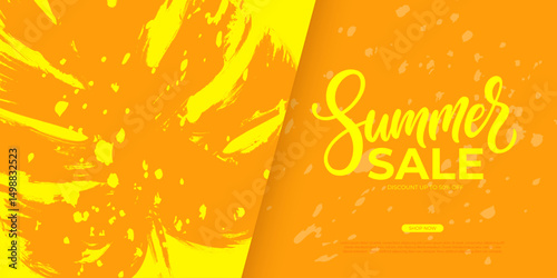 Summer Sale. Summertime commercial background with brush stroke tropical leaf and hand lettering for Summer season shopping promotion and sale advertising. Vector illustration.
