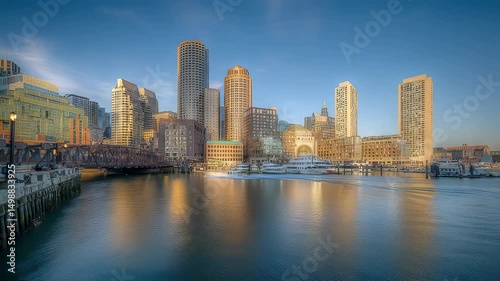 Boston downtown financial district skyline with modern skyscrapers and historic architecture under clear blue sky