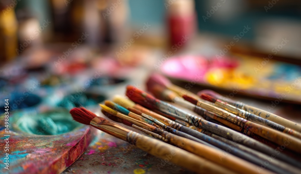 Fototapeta premium Paintbrushes and artist palette on table