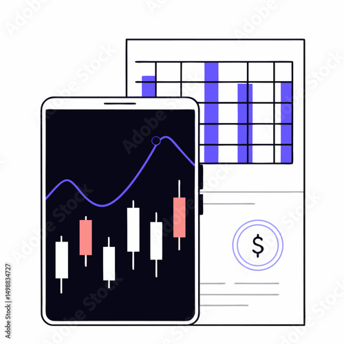 Business graph and chart icons depict financial growth data, market success, and vector infographic reports