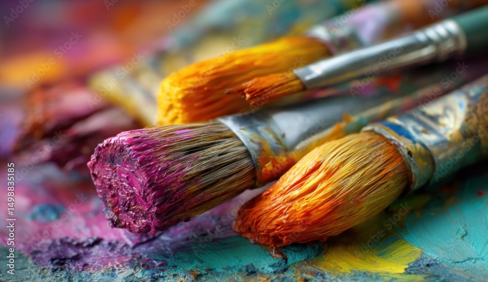 Fototapeta premium Paintbrushes with colorful paint close up art