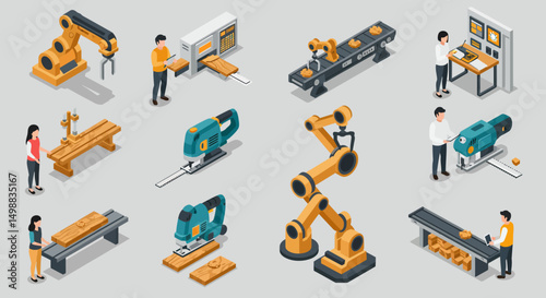Isometric View of Woodworking Factory with Robotic Arms and Workers