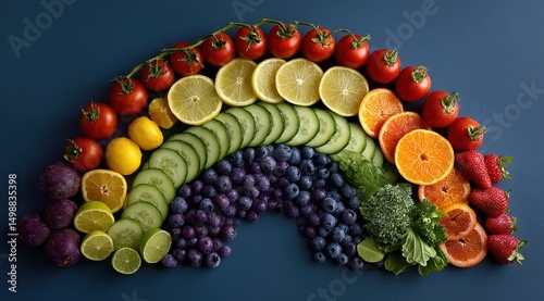 Vibrant Food Chromatic Symphony: Fruit & Vegetable Rainbow Arch with Botanical Accents on Dark Blue (Ad-Ready) Nature’s Palette: Artistic Arch of Fresh Produce – Tomatoes, Citrus, Kale & Ginger Roots 
