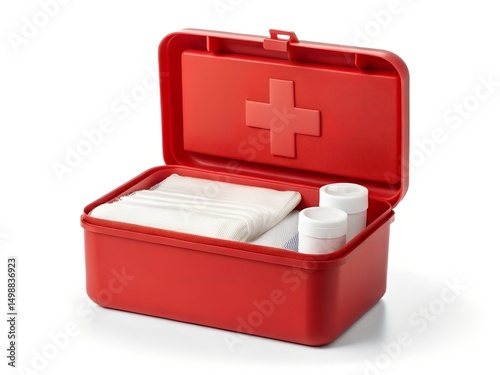 Red First Aid Kit Emergency Preparedness Essentials on white background