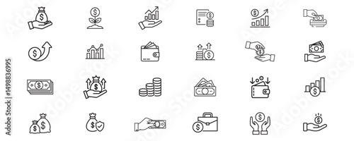 Set of line icon related to income, salary, money, business. Outline icon collection. Vector illustration