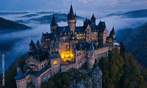 Wallpaper Mural Majestic Stone Castle on Foggy Mountain at Dusk Torontodigital.ca