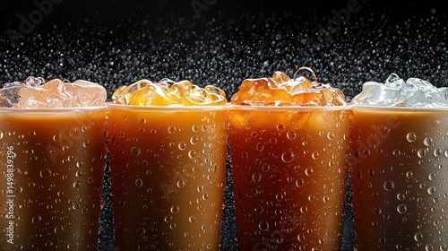 Iced coffee drinks in clear glasses, water droplets, and ice