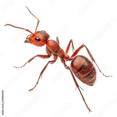 Isolated ant on a white background, a small black insect with prominent antenna and legs, captured in a macro closeup