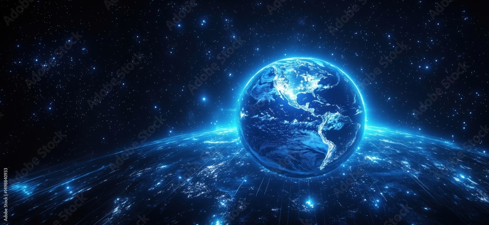 Obraz premium Stunning view of Earth from space with glowing blue atmosphere and starry background