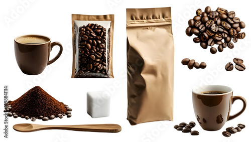 Coffee beans and powder with cup and sugar