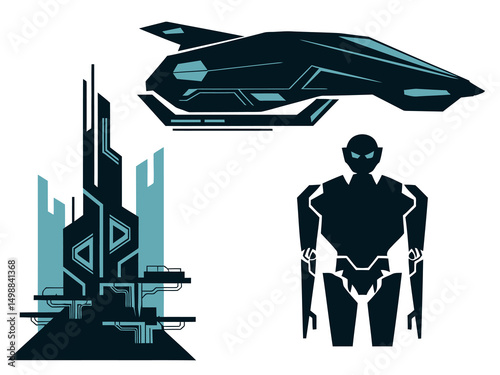 collection of futuristic cityscape elements.