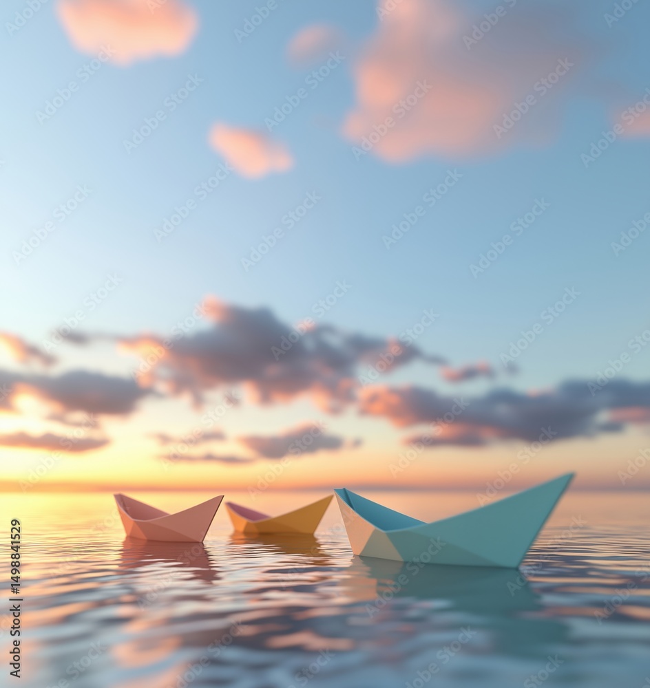 Obraz premium Colorful paper boats floating on calm water during sunset with soft clouds