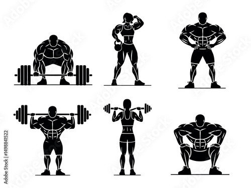 A set of six black and white silhouette illustrations of men and women performing various weightlifting exercises.