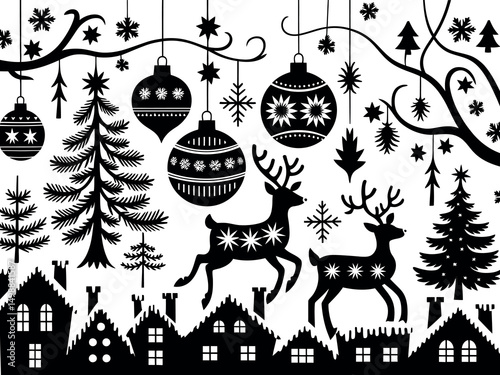 A charming black and white Christmas design featuring silhouettes of trees, reindeer, ornaments, houses, snowflakes, and wintery elements.