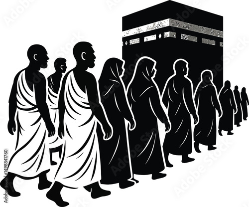 Muslim Pilgrims Walking Toward Kaaba  Hajj Journey Silhouette Vector Illustration
