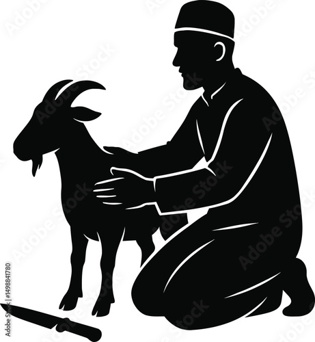 Muslim Man Sacrificing Goat  Eid al-Adha Qurbani Silhouette Vector Illustration
