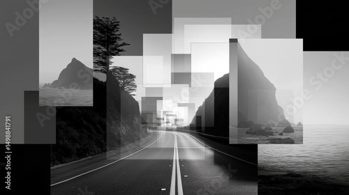 Geometric Vista: An artistic black and white photo showcasing a mesmerizing perspective of a scenic route and mountainous landscape with an innovative layered effect.