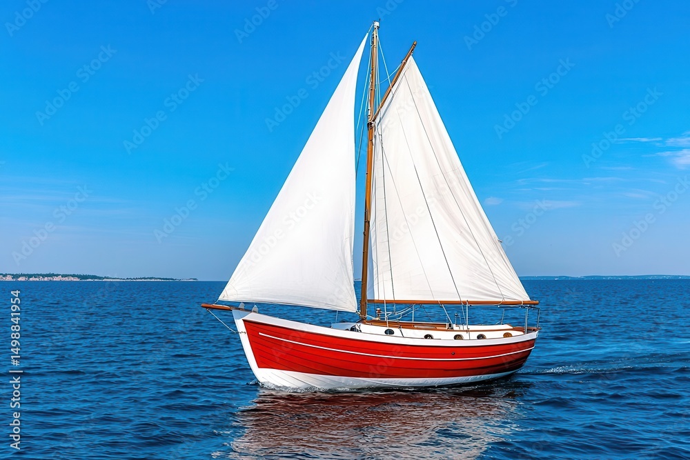 Fototapeta premium Red and White Sailboat on a Calm Blue Sea Under a Clear Sky