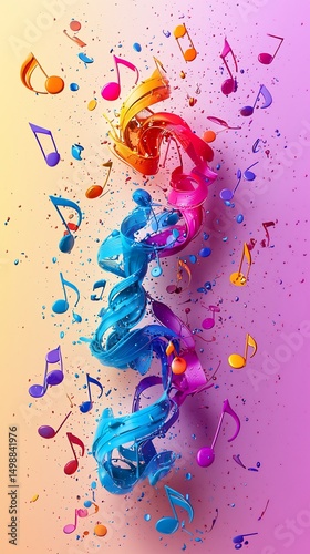 Colorful music notes swirl, vibrant abstract art