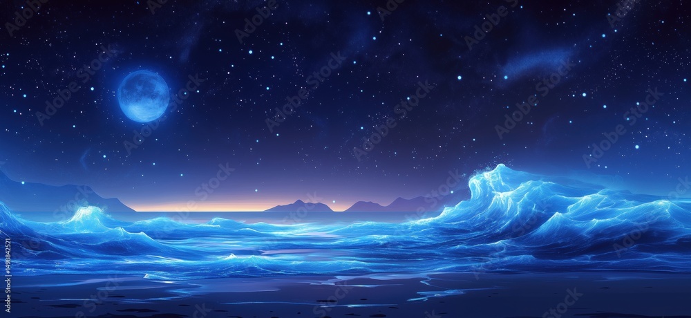 Stunning night ocean landscape with glowing waves and starry sky Stunning night ocean landscape with glowing waves and starry sky