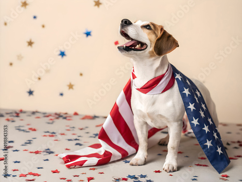 Patriotic beagle dog wearing American flag cape sitting on confetti background. Independence Day celebration, Fourth of July holiday