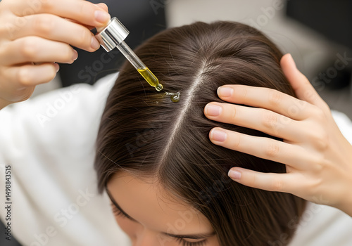 Professional hair treatment with essential oil serum application using dropper pipette on woman's scalp, close-up of hands applying nourishing hair care product for healthy growth and restoration