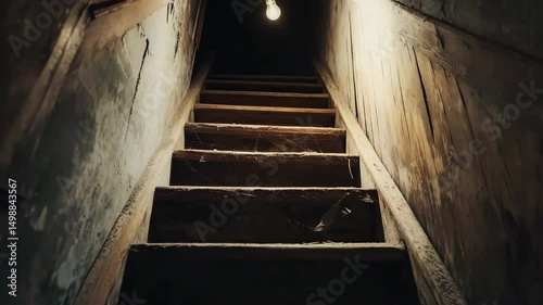 Dimly lit staircase, leading to unknown space. Old wooden steps. Cobwebs eerie charm. Single light bulb casts warm glow, blinking. Scary stairs to attic or basement.