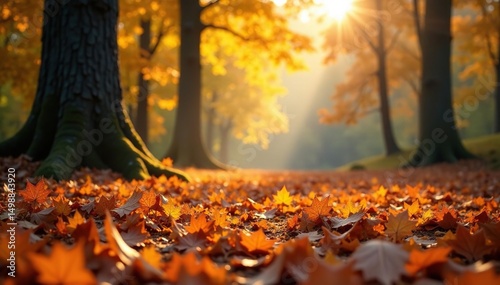 Wallpaper Mural Crisp autumn leaves blanket a forest floor, sunlight dappling through the trees , autumn, natural Torontodigital.ca