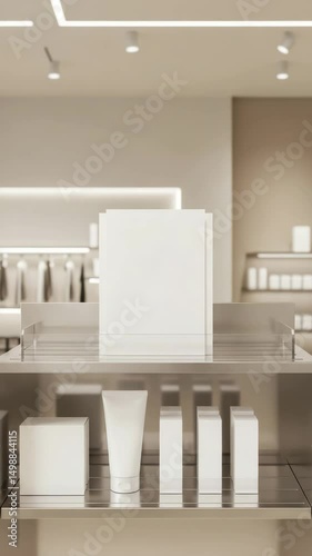 Skincare products are elegantly arranged on a stainless steel shelf in a bright, contemporary shop