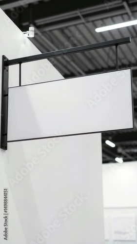 A blank sign hangs on a sleek wall, hinting at future use in a modern setting