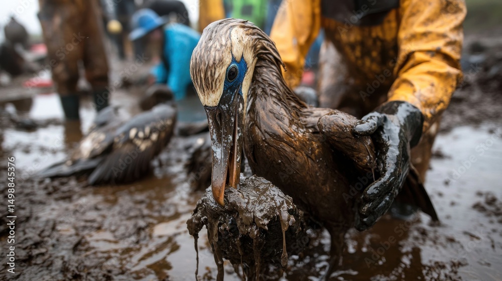 Obraz premium Wildlife Rescue: A touching depiction of a bird entangled in an environmental disaster, being carefully rescued and attended to by a worker amidst the devastation.