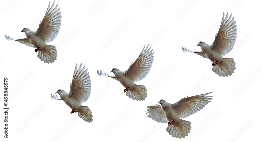 Fototapeta premium A serene image of multiple white doves gracefully flying across a clean white background, symbolizing freedom, peace, and purity. Ideal for spiritual, wedding, and natural themes.