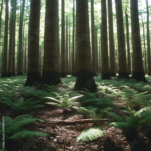 Sunlight filters through a dense forest of tall trees.