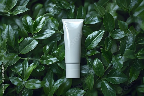 Natural Skincare Concept: Cosmetic Tube on Lush Greenery for Eco-Friendly Design