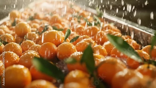 Fresh oranges being washed and sorted on a conveyor belt.  Water sprays over the plump, orange fruits.  Leaves are visible on some of the oranges