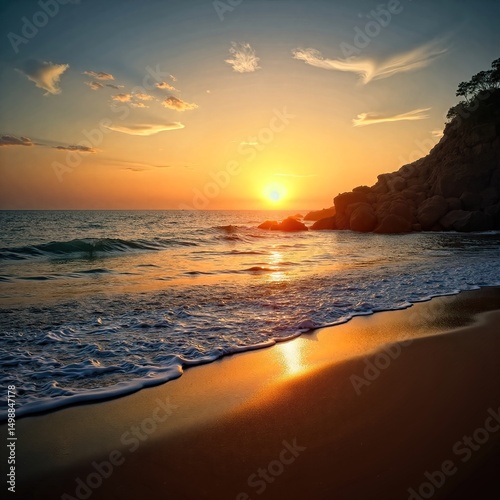 Sunset over ocean beach, distant rocks, clouds, and waves