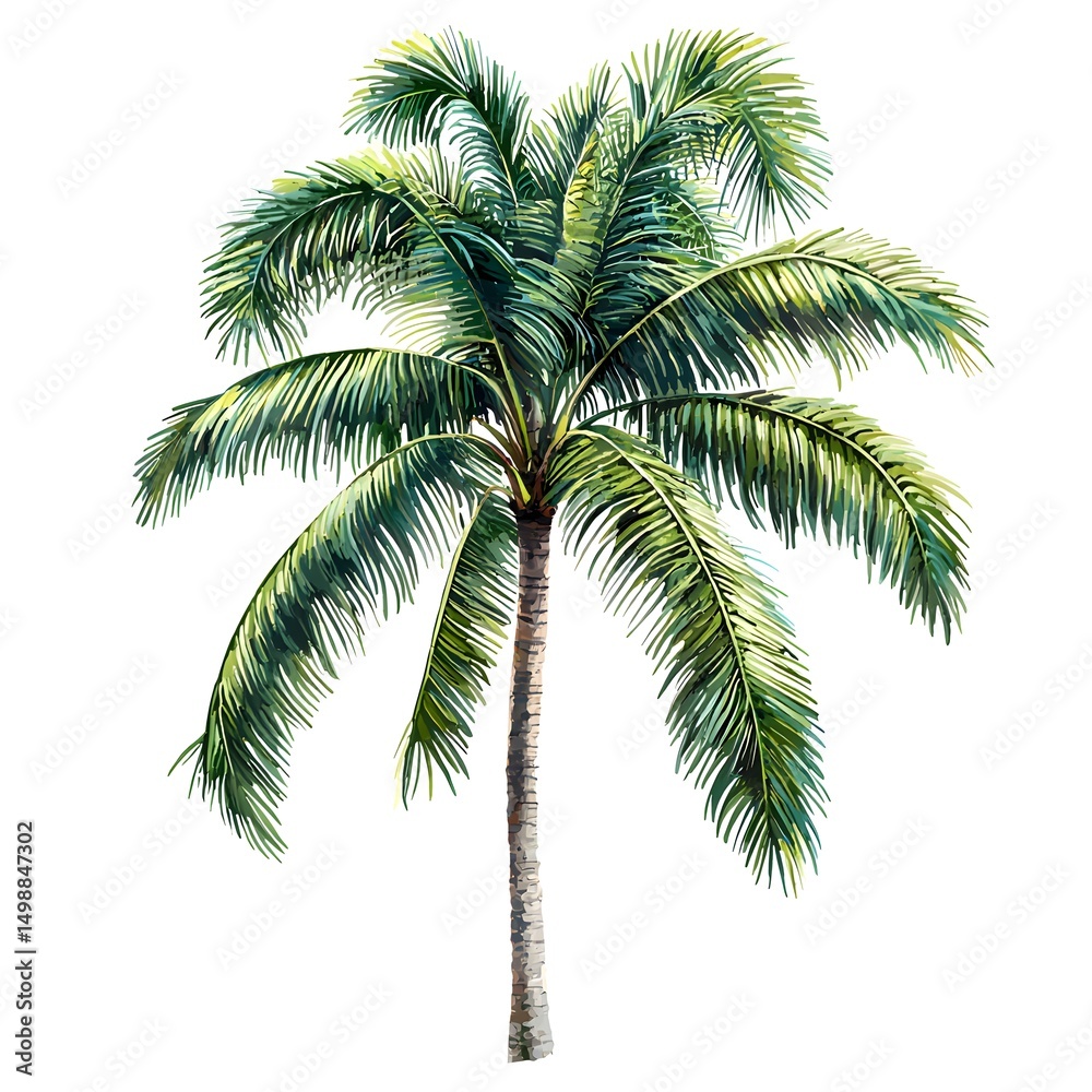 Obraz premium Tall tropical palm tree with lush green fronds and a sturdy brown trunk isolated on white background, perfect for tropical landscapes, outdoor decor, and botanical design