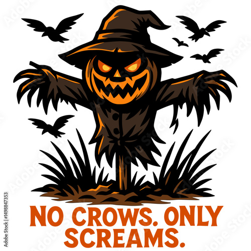 Scary scarecrow with pumpkin head and bats cartoon