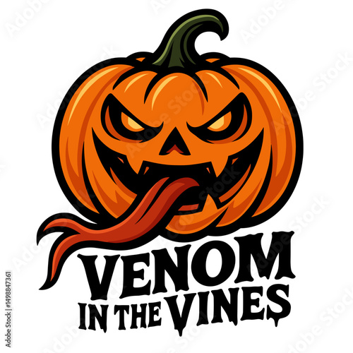 Evil jack-o'-lantern with tongue and Halloween venom quote