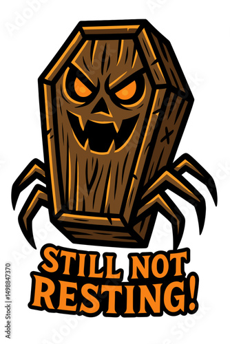 Haunted cartoon coffin with spider legs and glowing eyes
