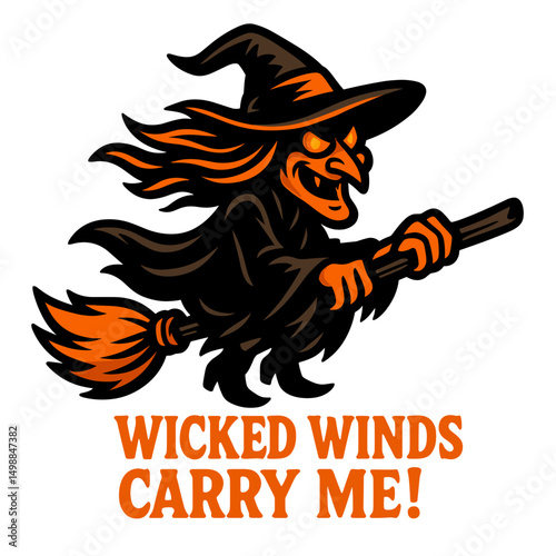 Flying witch on broomstick cartoon with Halloween quote