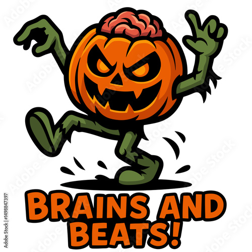 Dancing pumpkin zombie with exposed brain cartoon