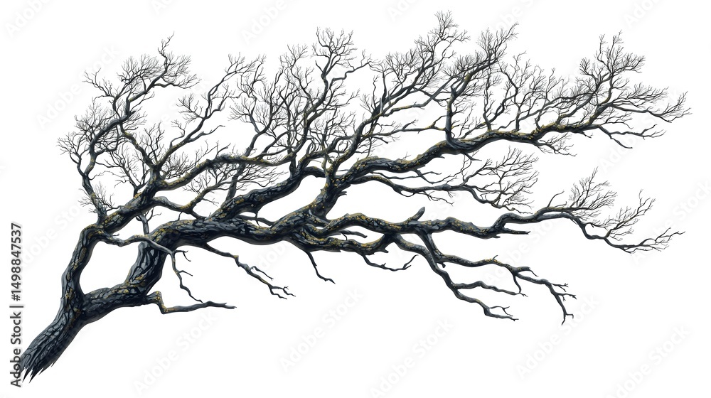 Obraz premium Detailed image of a large leafless tree with intricate twisted branches stretching out in various directions against a white background, emphasizing natural bark texture