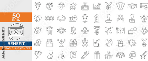 Benefit and Reward Line Icon Set – Bonus, Loyalty, Employee Perks, Award, Prize, Incentive – Editable Vector illustration