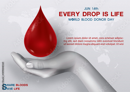 Poster illustration campaign of world blood donor day with blood droplet flying on hand of human, wording of event and example texts on world map and white background. All in vector design