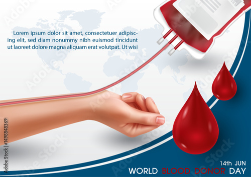 Poster illustration campaign of world blood donor day with hand of human sharing bloods in realistic style, blood droplets, wording of event and example texts on world map and white background.