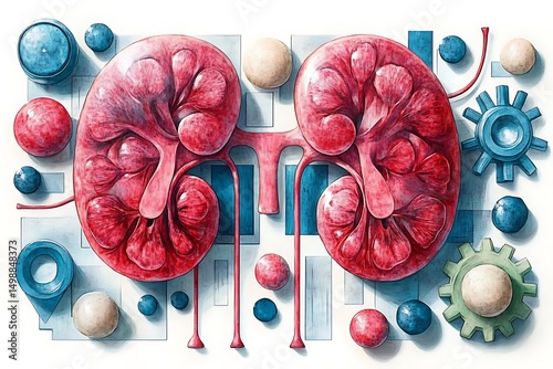 Human kidneys detailed anatomy medical illustration