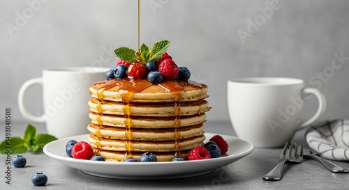 Berrytopped pancakes dripping with syrup